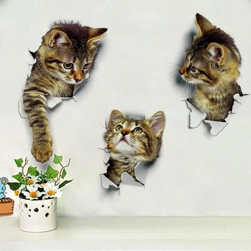 Pvc Panel Background - 3pcs 3D Cute Cat Self-adhesive Removable